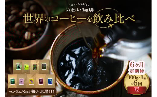 【定期便】世界のコーヒーを飲み比べ 定期便 全6ヶ月　店主厳選 珈琲 3種セット 毎月 100g × 3袋 6回 合計 1.8kg　いわい珈琲　シングルオリジン300g（豆）
