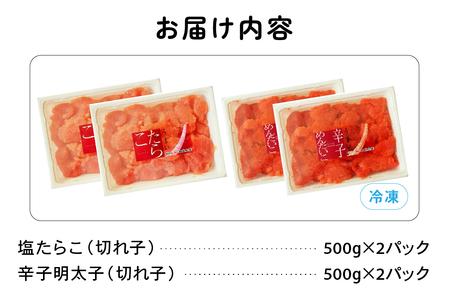 訳あり 塩たらこ･辛子明太子（500g×各2パック） 切子セット　バラ子 切れ子 たらこ 明太子 加藤水産 ひとくちサイズ 切子 不揃い つまみ おつまみ ごはんのお供 惣菜 おかず パスタ お茶漬け
