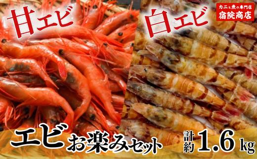【エビ お楽しみセット 白えび（1箱約800g）甘えび（1箱約800g）合計1.6kg 香住産 冷凍】鮮度抜群の甘エビと白エビ 急速冷凍 新鮮 お刺身 焼き物 塩ゆで フライ 唐揚げ 鍋物 海鮮丼 香住 柴山 香美町 宿院商店 25000円 33-09