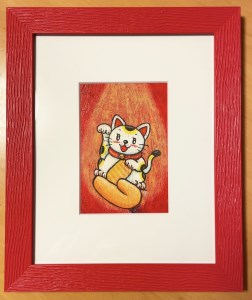 F131(手のり招き猫)　ハガキ大原画【手のり招き猫】【徳 治昭 童画 原画 絵 絵画 額 キャラクター 大阪 八尾市】