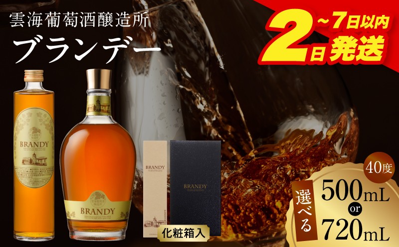 
                  【選べる内容量】【2～7日以内に発送予定】雲海葡萄酒醸造所 ブランデー｜500ml 720ml 1本 40度 国産 国産ブランデー 酒 洋酒 お酒 アルコール 果実酒 葡萄酒 瓶 贈答用 贈り物 ギフト プレゼント 記念日 誕生日 イベント パーティー 手土産 化粧箱 化粧箱入り お祝い オススメ おすすめ 人気 雲海酒造 宮崎市｜_M375-005-SKU
                