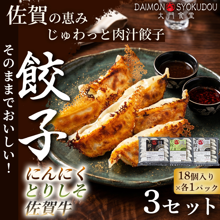【佐賀県産の名ブランド肉を味比べができるセット】(18個入×各1P) にんにく餃子 とりしそ餃子 佐賀牛餃子 3セット 冷凍餃子 餃子：B355-011