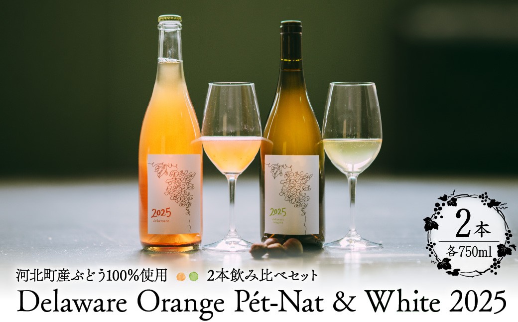 
                  【河北町産ぶどう100％使用】Delaware Orange Pét-Nat & White 2025 2本飲み比べセット（微発泡オレンジ・白） 750ml×3本【かほくらし社】 ka019-315j-2025
                