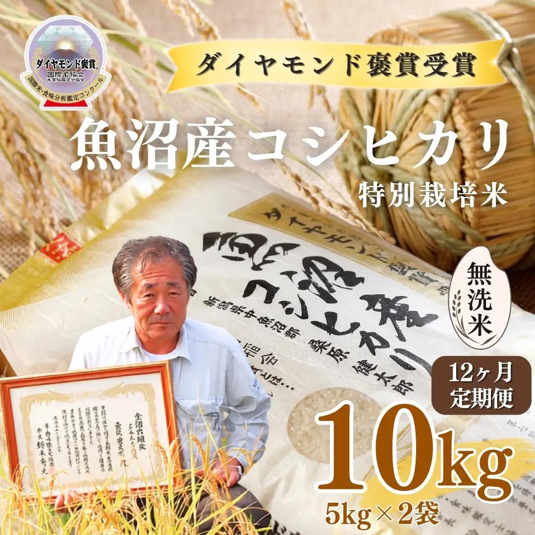 令和8年産 12ヶ月定期便 魚沼産コシヒカリ 無洗米 ダイヤモンド褒賞受賞 特別栽培米 10kg(5キロ×2袋) 新潟県 |津南町 魚沼