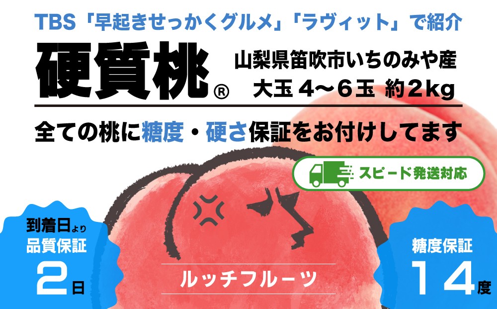 
            【糖度14度保証付】硬質桃 4〜6玉 約2kg【2025年発送】『皮ごと食べられる硬い桃』＜数量限定＞テレビで多数紹介！【ルッチ Rucci】産地直送 山梨県 笛吹市 糖度 品質 保証 硬い 固い 桃 もも モモ 新鮮 くだもの 果物 人気 TVで紹介 ランキング リピート 高評価 ギフト 贈答 贈り物 化粧箱 2025年 令和7年 先行予約 期間限定 104-007
          
