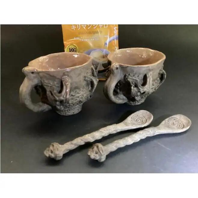 縄文・火焔型土器のコーヒーカップ・マグカップ+縄文スプーン　2個セット　7.5cm×174ｇ 手作り 工芸品 食器 新潟市
