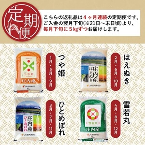 SH0047　【4回定期便】［精米］庄内米味比べ　つや姫、はえぬき、ひとめぼれ、雪若丸　各5㎏×4回(計20㎏) JM