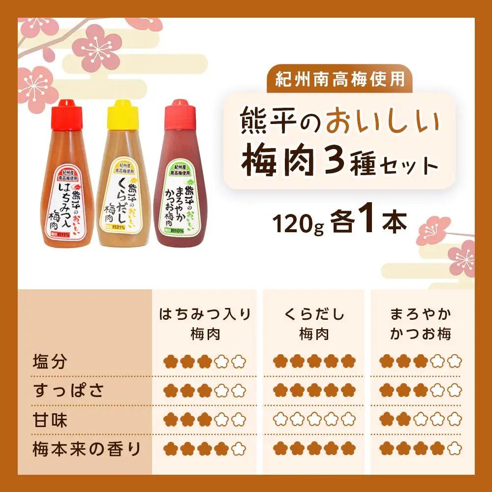 紀州南高梅使用 熊平のおいしい 梅肉 3種 3本 セット  合計約360g【 くらだし（塩分 約21％） はちみつ入り （塩分約11％） かつお (塩分約10％) 】