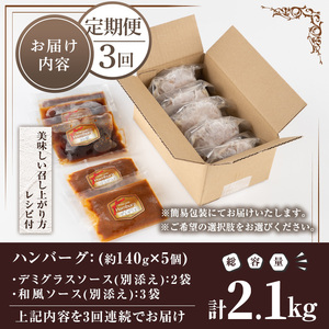 No.1226 ＜定期便・全3回(連続)＞ハンバーグ専門店の牛肉100％ハンバーグ ソース2種付！(140g×5個×3回・総容量2.1kg) 鹿児島県産 お肉 デミグラス 和風 おかず 惣菜 保存料/
