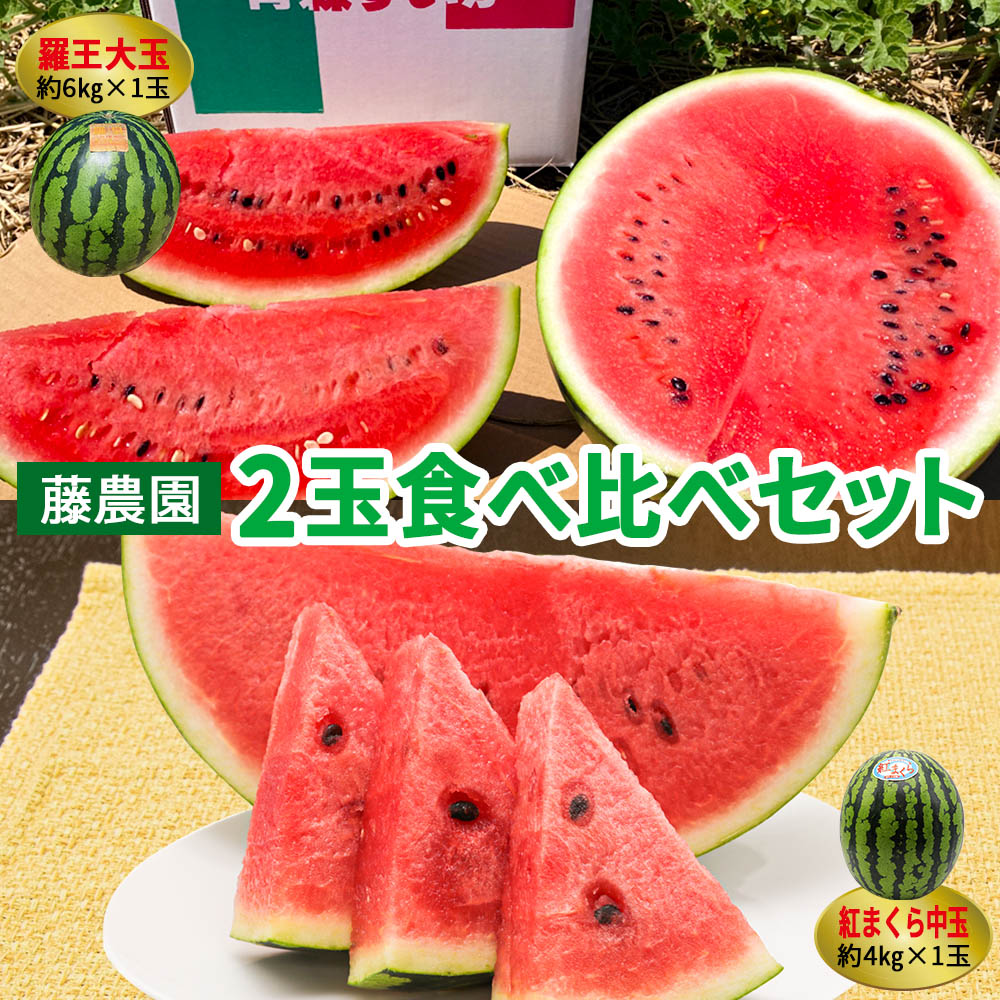 【ふるさと納税】[羅王・紅まくら] スイカ 食べ比べ 2玉セット｜青森産 産直 2025年産 令和7年 夏 すいか 西瓜 果物 フルーツ 旬 特産 藤農園 農福連携 ラオウ らおう 羅皇 [0620]