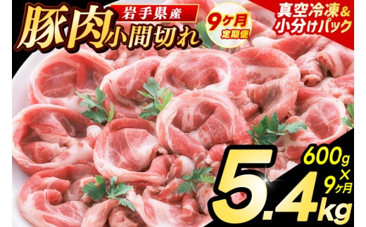 ＼9ヶ月連続 定期便／【岩手県産豚肉】小間切れ600g (300g×2パック) (総計 5.4kg) 大容量 肉 冷凍 小分け 肉じゃが しょうが焼き お弁当 おかず 岩手 いわちく 紫波町（AB137）