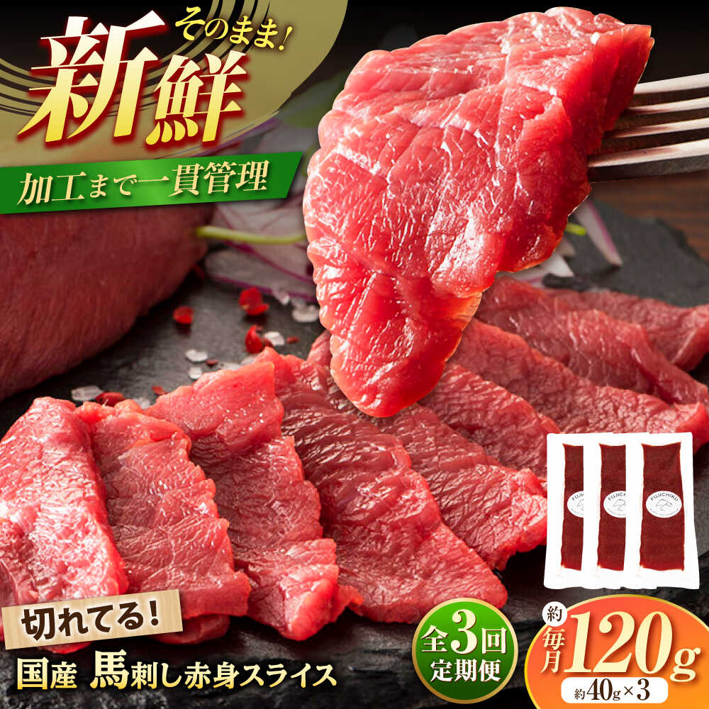 【ふるさと納税】【全3回定期便】まな板不要! フジチク 切れてる 国産馬刺し 3P 計約120g / 専用醤油付き 生姜付き おすすめ 馬刺 赤身 国産 赤身馬刺し 冷凍 送料無料【株式会社フジチク】[BHAD102]