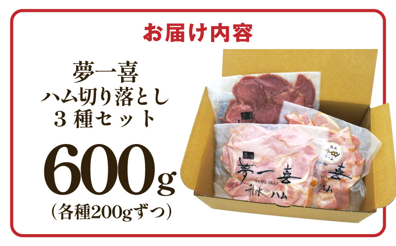 ハム 切り落とし3種セット 合計600g【ロースハム ベーコン スモークタン 夢一喜フーズ 訳あり 小分け ハム ロース 豚肉 スモーク タン 燻製 】 G4102