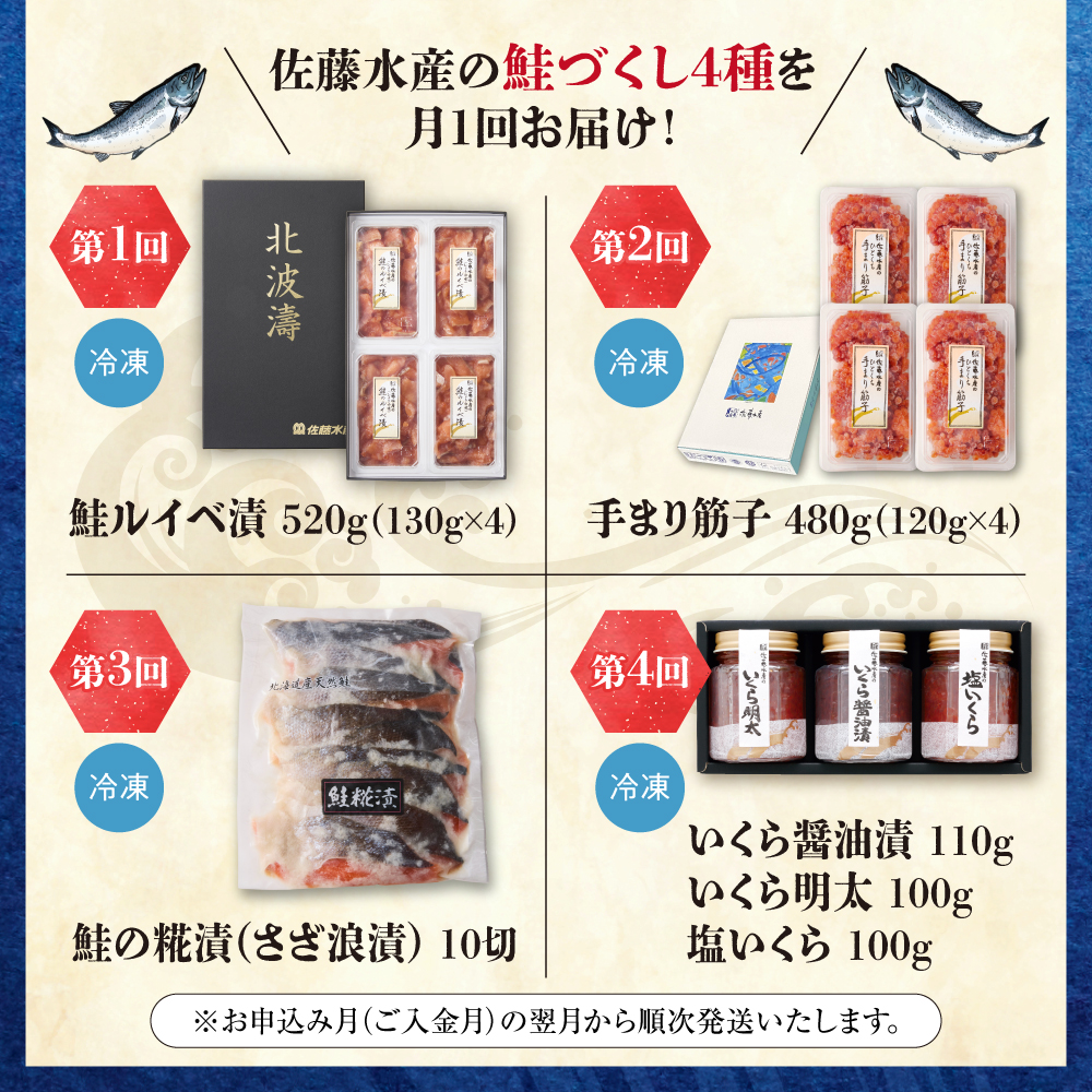 【定期便4回】佐藤水産 天然鮭の美味しいとこどり定期便_is001-319-999