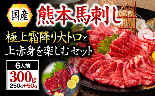 【国産】熊本馬刺し 上赤身+大トロ 300g 国産 熊本 馬刺し 馬肉 馬 上赤身 大トロ 赤身 霜降り 専用醤油 肉刺し ギフト 贈答用 阿蘇 南小国町 送料無料