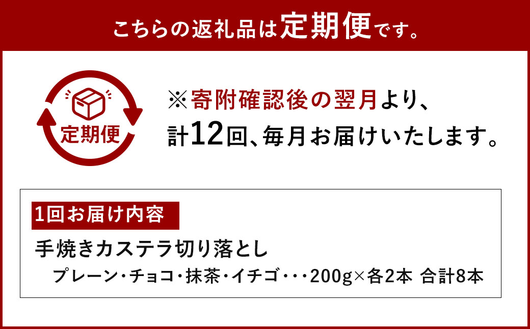【全12回定期便】手焼きカステラ切り落とし (200g×8本) 合計1.6kg ／ カステラ プレーン チョコ 抹茶 いちご デザート お菓子 菓子 かすてら 長崎県 長崎市