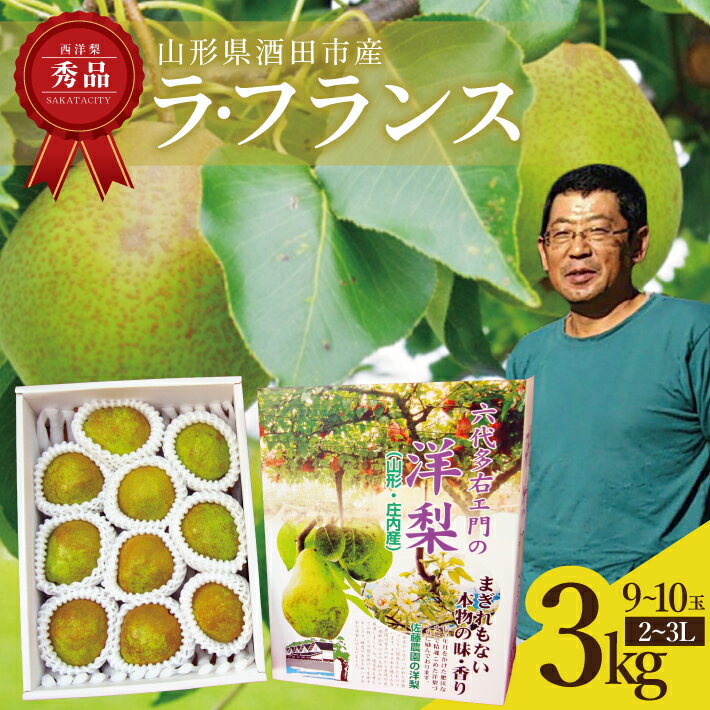 【ふるさと納税】西洋梨 ラ・フランス 秀品 2L～3L 約3kg（9〜10玉）化粧箱入り 山形県酒田産 11月中旬〜12月上旬頃お届け ※着日指定不可 東北 山形県 酒田市 庄内地方 六代多右ェ門 ラフランス