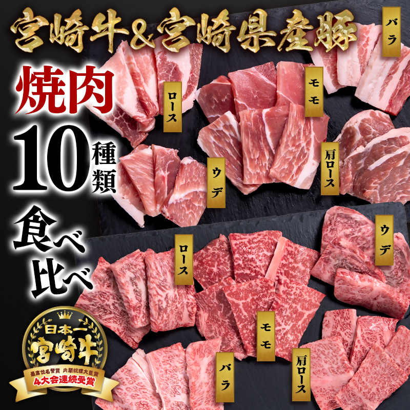 宮崎牛＆宮崎県産豚肉 焼肉10種盛り 食べ比べセット600ｇ ミヤチク 内閣総理大臣賞４連続受賞＜1.1-7＞牛肉 宮崎牛 豚肉 国産 宮崎牛 焼肉