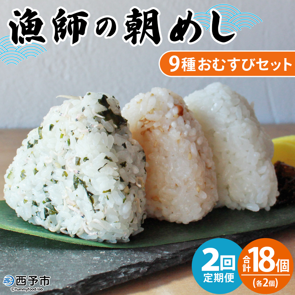 ＜【2回定期便】漁師の朝めし 9種おむすびセット 合計18個（各2個）＞ 定期便 詰合せ おにぎり お米 こめ ちりめん 山椒 生姜 青のり つくだ煮 しそわかめ 大根葉 梅ごま ひじき 網元・祇園丸