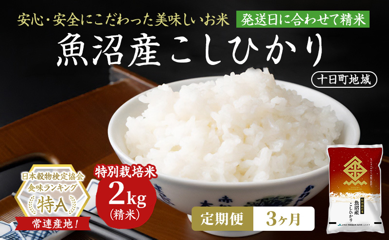 【令和8年産 先行予約】【3ヶ月定期便】特別栽培米 魚沼産こしひかり(十日町地域) 精米 2kg 米 お米 コシヒカリ 定期 十日町市