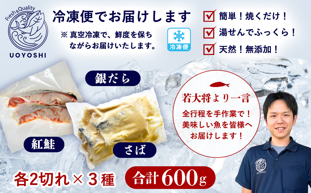 魚よし特製 無添加切身3種粕漬けセット【三種の粕漬け切身セット 紅鮭 銀だら さば 真空パック 無添加粕だれ 風味豊かな味わい】A2-J095003