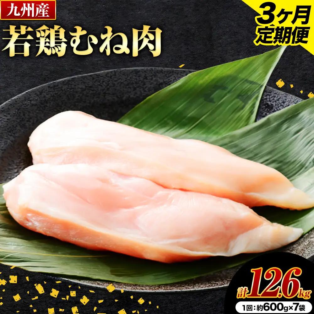 【3ヶ月定期便】九州産若鶏ムネ肉 600g×7袋×3回 計12.6kg 鶏肉 お肉 ムネ肉 むね肉 小分け 冷凍 九州産 国産 熊本県 菊池市 送料無料《お申込み翌月から出荷》
