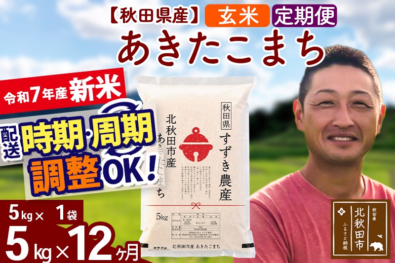 ※令和7年産 新米※《定期便12ヶ月》秋田県産 あきたこまち 5kg【玄米】(5kg小分け袋) 2025年産 お届け時期選べる お届け周期調整可能 隔月に調整OK お米 すずき農産|szap-20312