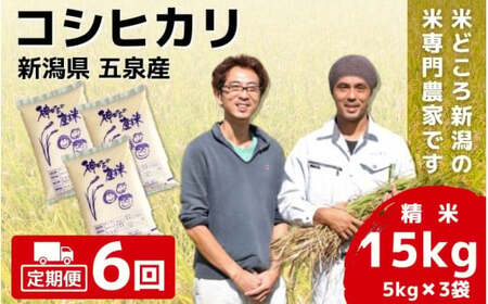 【令和6年産新米】〈6回定期便〉「わくわく農場」の五泉産 精米 コシヒカリ 15kg(5kg×3袋)［2024年10月中旬以降順次発送］ わくわく農場