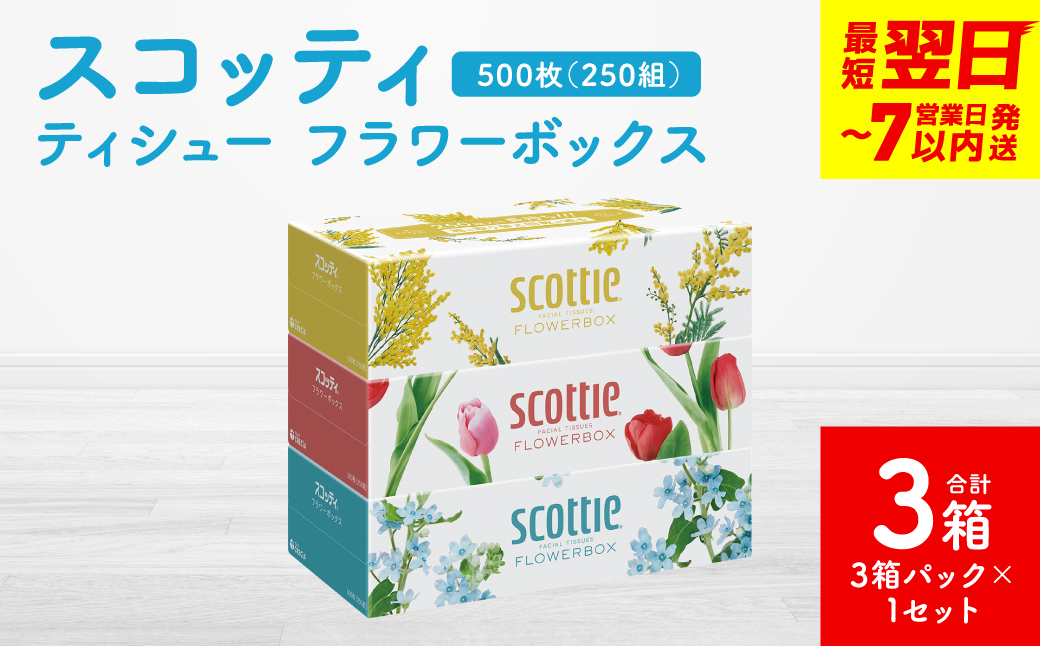 【スコッティ】ティシュー フラワーボックス 250組 3箱パック×1セット 合計3箱 ティッシュ 日用品 生活必需品