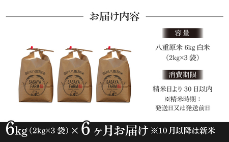 【6回定期便】 八重原米6kg（2kg×3袋）白米