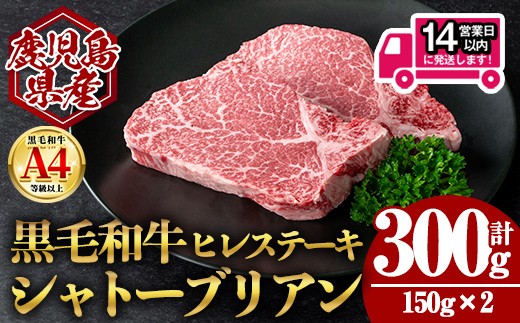 
            ＜14営業日以内発送！＞【数量限定】鹿児島県産黒毛和牛ヒレステーキシャトーブリアン (計300g・150g×2) 国産 牛肉 ステーキ【肉のちょーさん】A950
          