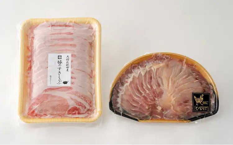 おすすめセット～その壱～（大館北秋田産豚すきしゃぶ肉＆比内地鶏しゃぶ肉）　75P2153【 割烹きらく】