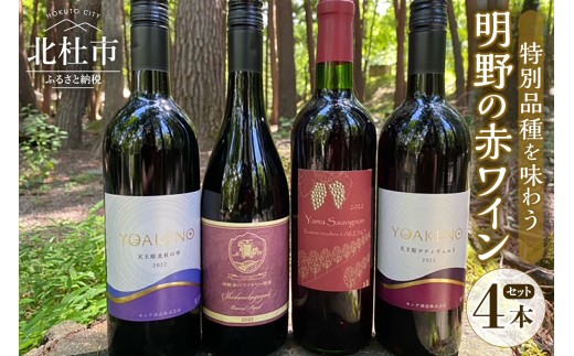 明野の赤ワイン特別品種を味わう 4本セット  ワイン セット 赤ワイン 4種類 ヤマソーヴィニヨン 志太乃輝 樽発酵 北杜の雫 プティヴェルド シャンクレール 御勅使川ワイナリー モンデ酒造 720ml 750ml お酒 アルコール 北杜 明野 ブドウ