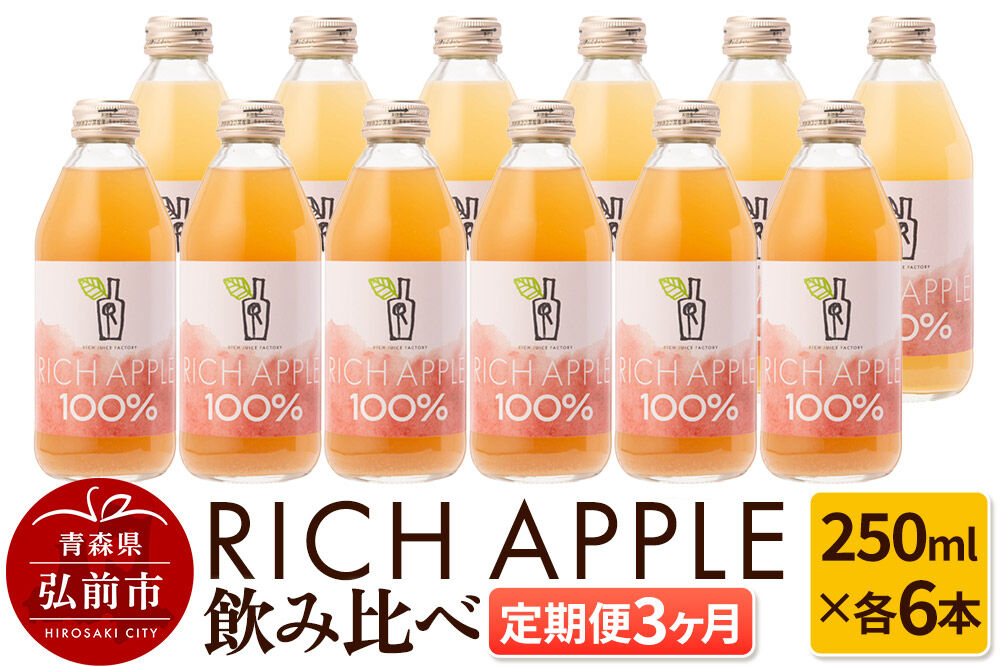 【定期便3ヶ月】RICH APPLE 飲み比べ りんごジュース12本セット（250ml×12本×3回）【飲料類 果汁飲料】 [アップル おいしい ジュース セット セット品 のみくらべ りんご 飲み比べ 飲料 果実 果物 置き場に困らない 定期発送 定期便 買い忘れ防止 美味 便利 林檎]