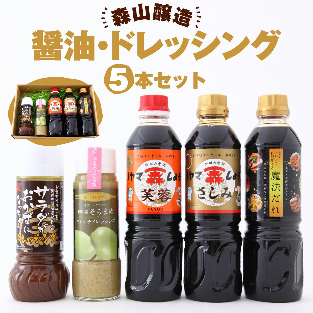 【ふるさと納税】森山醸造 醤油 ドレッシングセット 合計5本 500ml×3本 285ml×1本 200ml×1本 芙蓉 さしみ醬油 魔法だれ サラダがおかずになっちゃうドレッシング そらまめフレンチドレッシング セット 詰め合わせ 福岡産 柳川 国産 送料無料