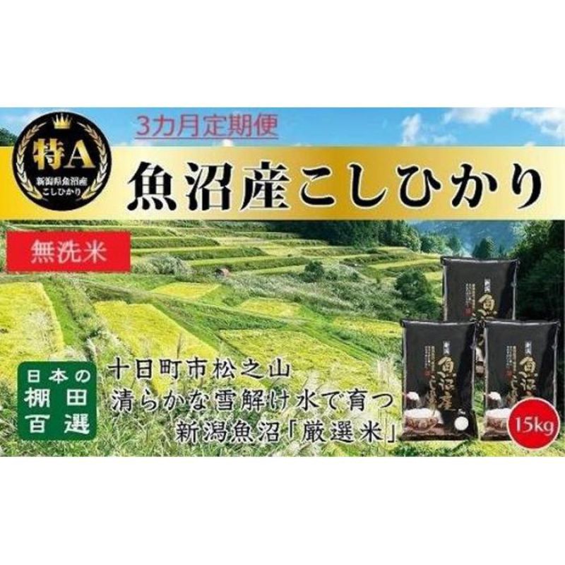 【ふるさと納税】【令和7年産新米予約】 【食味鑑定士厳選】無洗米 3カ月 定期便 日本棚田百選のお米 天空の里 魚沼産 こしひかり 15kg(5kg×3)×3回 米 お米 コメ　お届け：令和7年10月下旬（10月21日～）