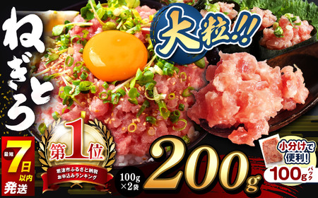 ねぎとろ 200g（100g×2袋） 本州限定発送 簡易包装 スピード発送 | 清幸丸水産 最短7日以内発送 大人気 ユッケ 手巻き寿司 海鮮丼 マグロのユッケ まぐろ 海鮮 小分け 100g パック 千葉県 君津市
