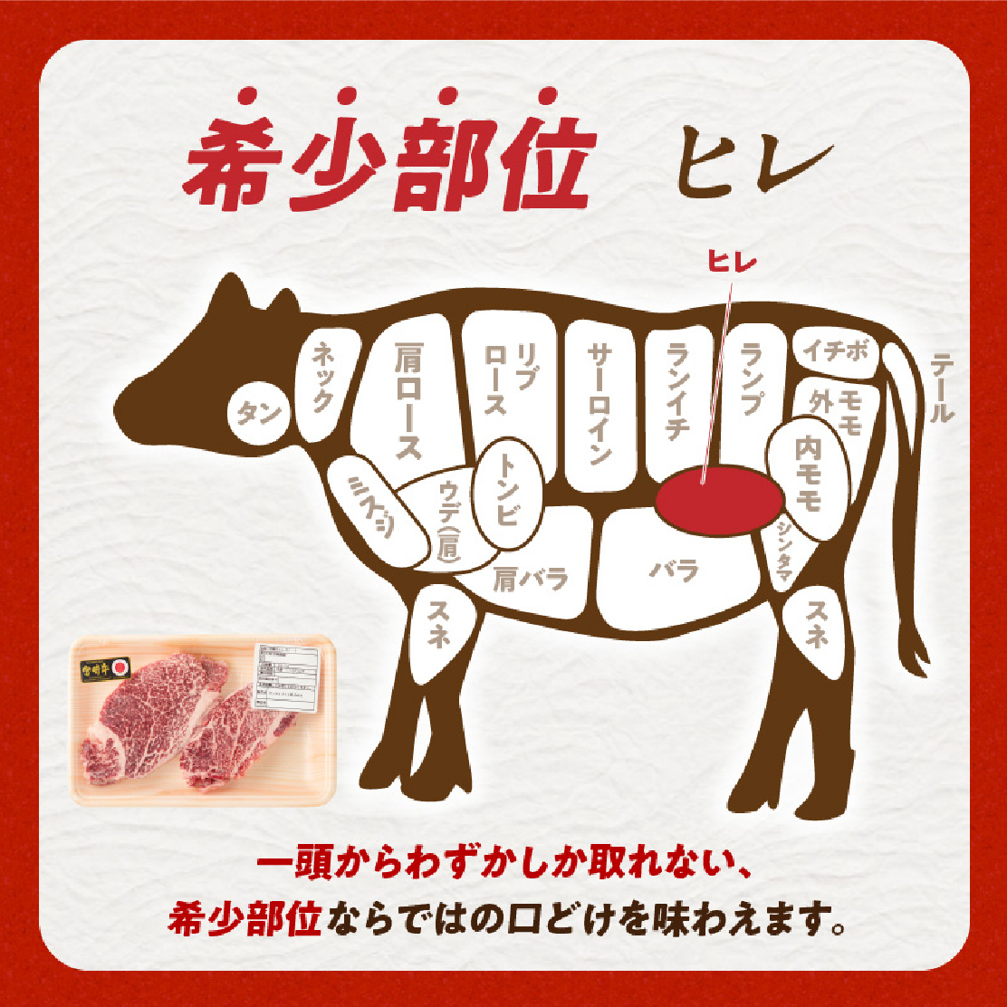 【E264】【A4等級以上】宮崎牛ヒレステーキ 2枚 計300g（内閣総理大臣賞 A4 A5 宮崎牛 牛肉 黒毛和牛 ヒレ フィレ ステーキ 赤身 宮崎県）_イメージ3