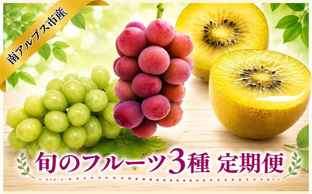 
                  【通年受付】南アルプス産 旬のフルーツ3種 定期便 全3回 ALPAJ073 | 果物　くだもの　フルーツ　葡萄　ぶどう　クイーンニーナ　シャインマスカット　ゴールデンキウイ　キウイ　新鮮　産地直送　南アルプス市　贈答　プレゼント　ギフト　贈り物 |
                