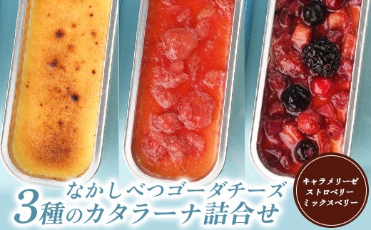 
                  なかしべつゴーダチーズ カタラーナ3種 詰め合わせ キャラメリーゼ130g×1 ストロベリー146g×1 ミックスベリー148g×1 カタラーナ ゴーダチーズ お菓子 スイーツ ふるさと納税 北海道 中標津町 中標津【28004AA0101】
                