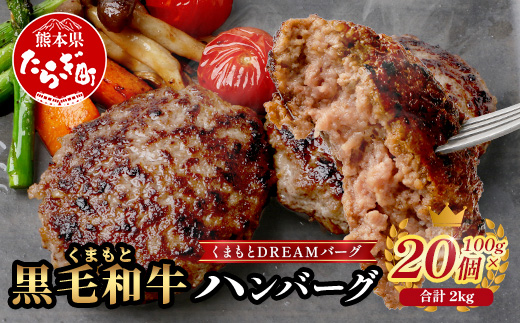 くまもと黒毛和牛 DREAMバーグ 100g×20個 【計2kg】 生 ハンバーグ 牛肉 100％ ブランド牛 黒毛 和牛 お弁当 熊本 上質 肉 惣菜 冷凍 小分け 熊本県 113-0541