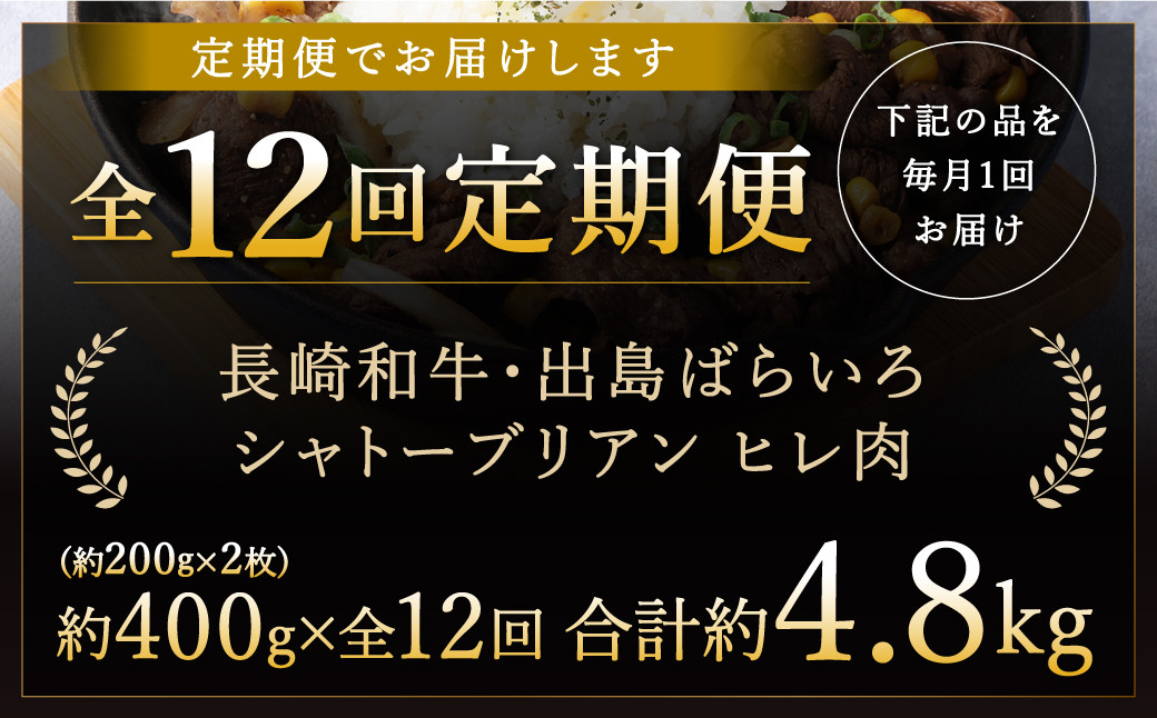 【全12回定期便】長崎和牛 出島ばらいろ シャトーブリアン【ヒレ肉】200g×2枚