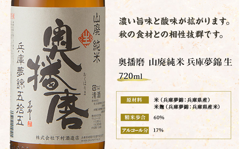 日本酒 山廃 純米 奥播磨 兵庫夢錦 五拾五 生酒 720ml 四合瓶 下村酒造店 地酒 清酒 お酒 ギフト プレゼント お歳暮 家飲み 晩酌 兵庫県 姫路市