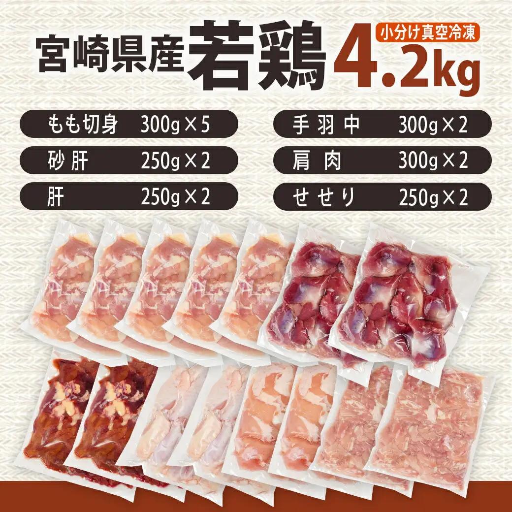 宮崎県産若鶏焼肉4.2kgセット〔18-M604〕_(都城市) もも切身 砂肝 肝 手羽中 肩肉 小肉 カット済 焼き肉  バーベキュー 