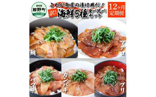 【ふるさと納税】これが魚屋の漬け丼だ！海鮮5種食べ比べセット 80g×10P 12ヶ月定期便 訳あり 鮪 マグロ ハマチ 鯛 タイ カンパチ ブリ 海鮮丼 おかず 惣菜 魚 魚介類 個包装 小分け 真空パック お取り寄せ 冷凍 配送 高知県 田野町 ふるさとのうぜい 故郷納税 返礼品