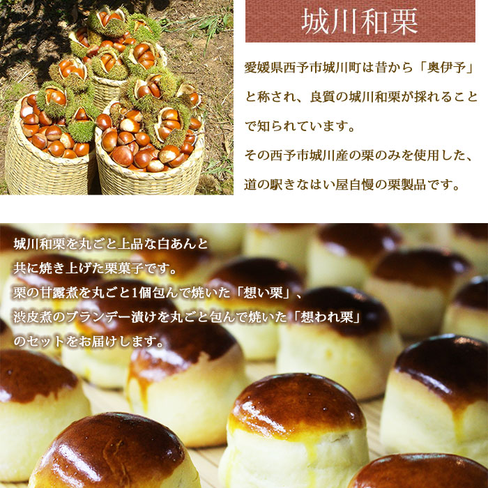 ＜道の駅きなはい屋「想い・想われ」栗菓子セット 18個入り＞お菓子 詰め合わせ 和菓子 まんじゅう 饅頭 くり マロン 和栗 お茶菓子 スイーツ 手土産 白餡 渋皮煮 ブランデー 城川ファクトリー 愛