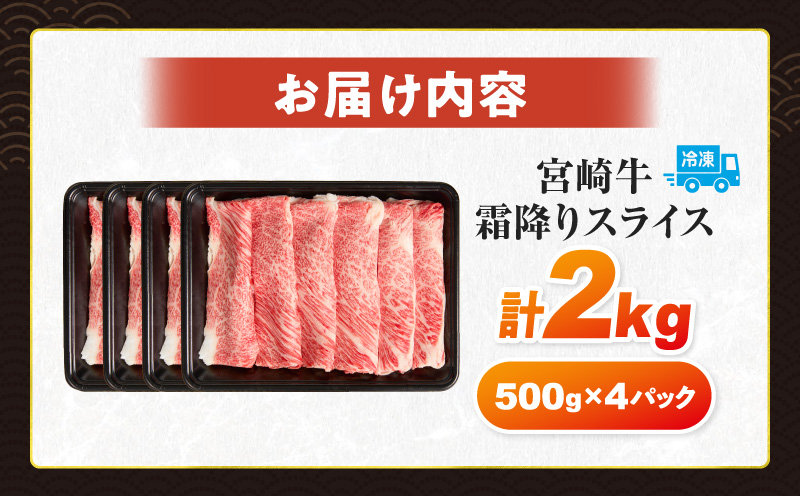 数量限定 宮崎牛 霜降り スライス 計2kg 肉質等級4等級以上 牛肉 黒毛和牛 国産 食品 おかず 最高級 ブランド牛 すき焼き しゃぶしゃぶ 肉じゃが 人気 おすすめ 記念日 贈り物 お取り寄せ 