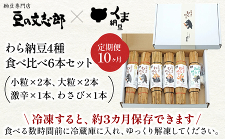 北海道のわら納豆 4種食べ比べ6本セット たれ付き（10ヶ月定期便）【くま納豆 北海道産 北海道産大豆100% 高級 お取り寄せ 藁納豆 ご飯のお供 道南平塚食品 登別ブランド】