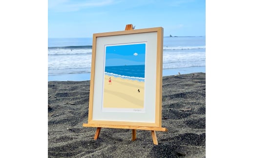湘南・茅ヶ崎で描く、海を感じるイラストアート 『 湘南ランドスケープ01：波打ち際のキャッチボール 』 ジークレーアートフレーム （小/木地仕上げ） /絵画 風景 版画