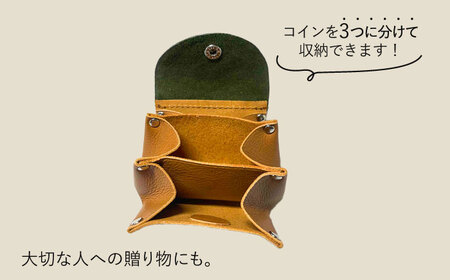 【コインを3つに分けて収納できる】牛革 小銭入れ（キャメル/グリーン）長与町/グッピーサウンド[EBG015]